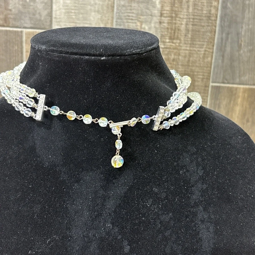 Vintage AB Crystal Triple Strand Choker Necklace Gothic Glam Faceted Glass